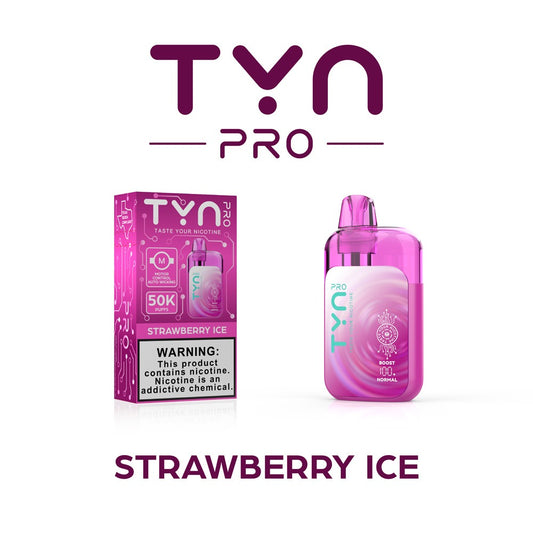 TYN Pro Strawberry Ice vape device and packaging on a white background