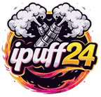 Colorful logo with stylized text 'ipuff24', two vape devices, smoke clouds, and a flame ring.