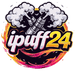 Colorful logo with stylized text 'ipuff24', two vape devices, smoke clouds, and a flame ring.