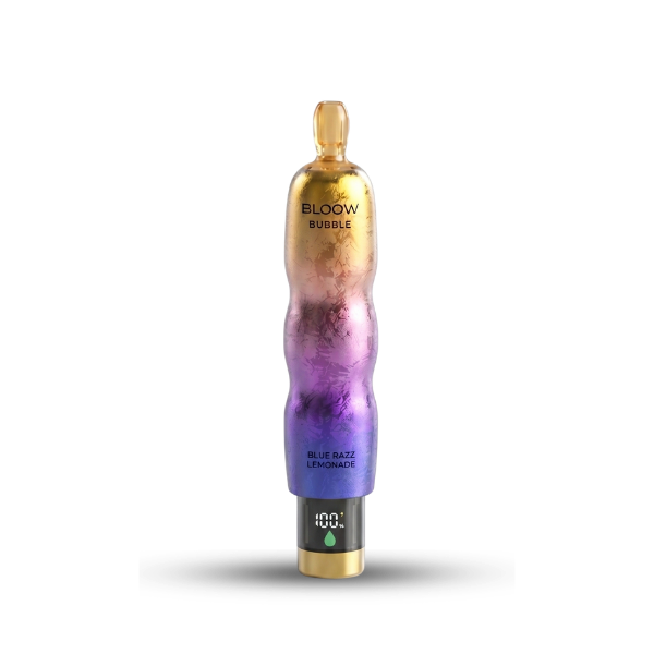 Gradient bottle from gold to purple with 'BLOOW' branding on a white background