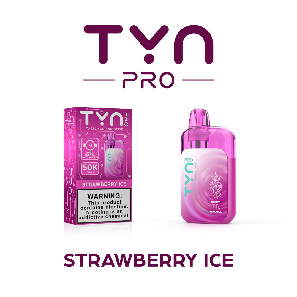 TYN Pro Strawberry Ice vape device and packaging on a white background