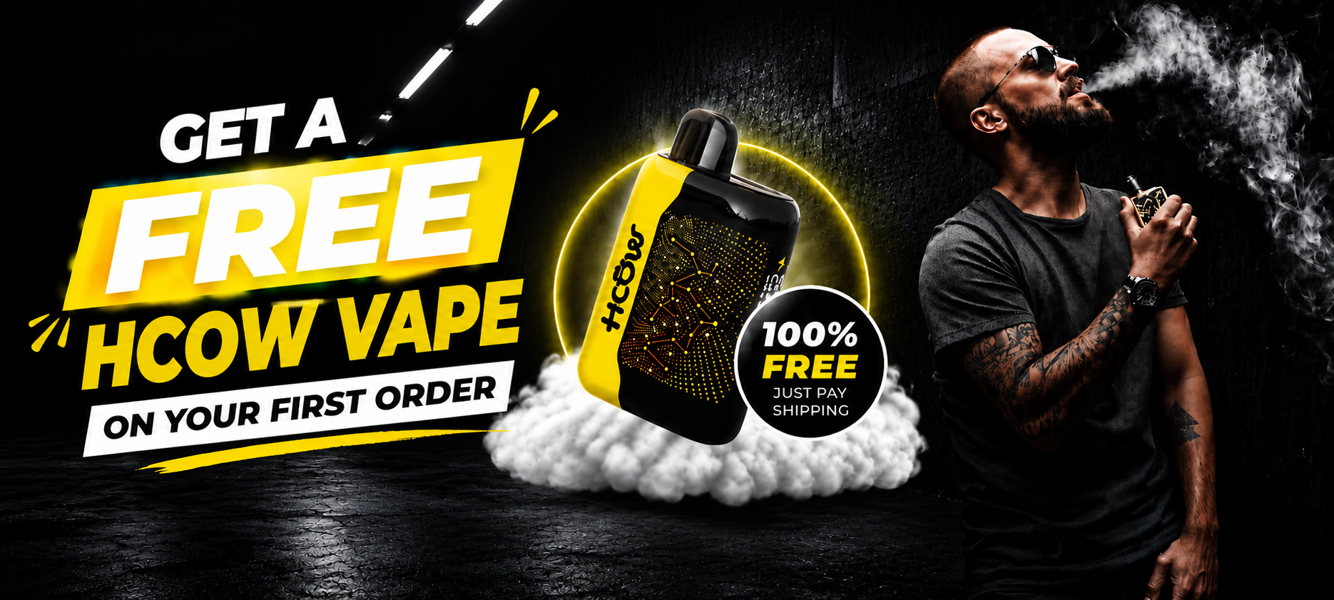 Promotional banner for HCow vape with a man using the product and text about a free vape offer.